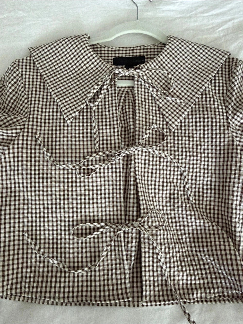 Zara Cropped Gingham Shirt in Brown & White Size Medium